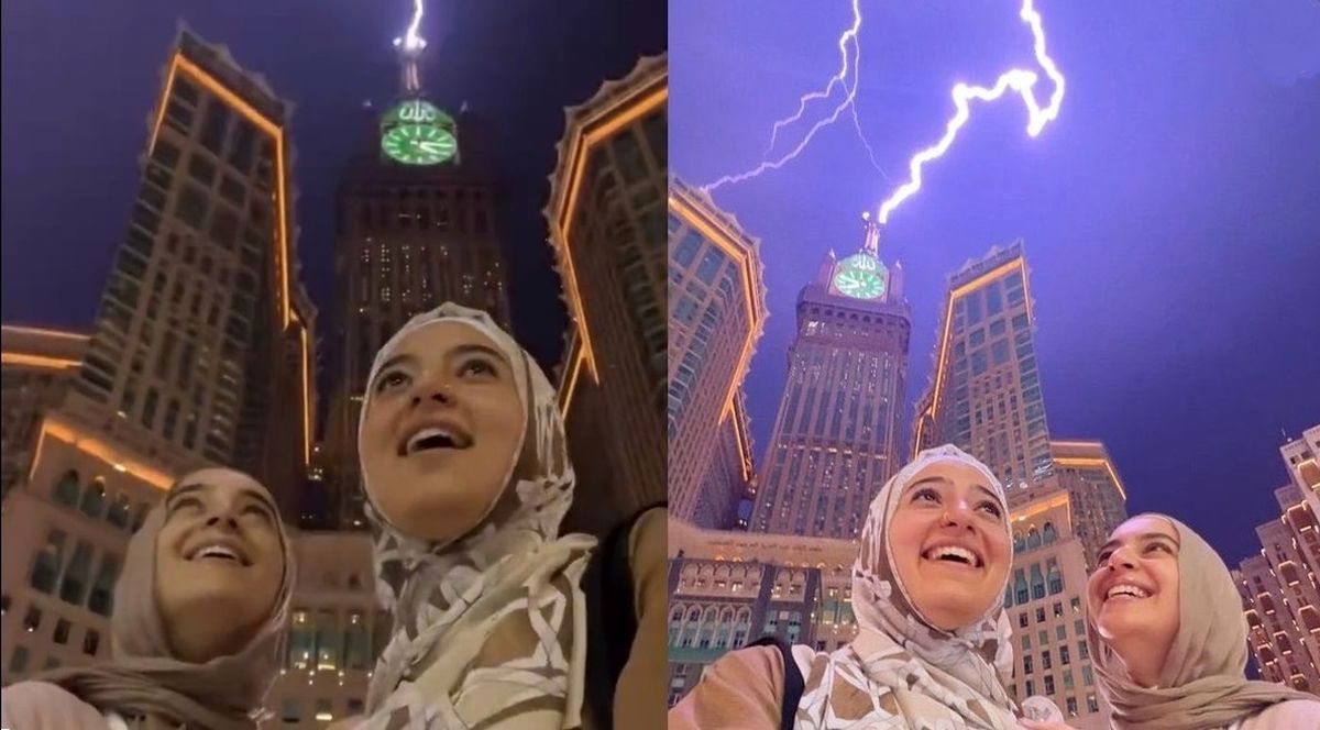 سلفی پربازدید دو خواهر عربستانی هنگام برخورد صاعقه به برج ساعت/ ویدئو
