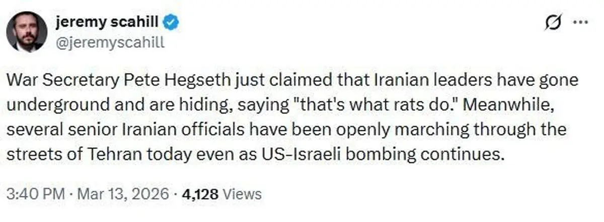 واکنش خبرنگار آمریکایی به ادعای کذب وزیر جنگ آمریکا مبنی بر پنهان شدن رهبران ایران در زیرزمین
