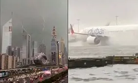 تصاویر عجیب از سیل دبی؛ شنای هواپیماها!/ ویدئو