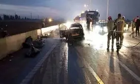 انفجار آتشین پژو 206 پس از غلط خوردن در اتوبان قزوین _ تهران