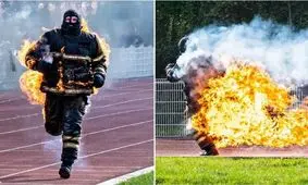 رکوردشکنی عجیب یک آتش‌نشان با بدن شعله‌ور در آتش/ ویدئو