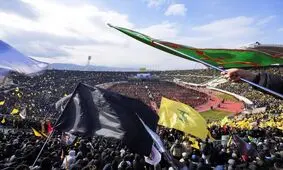 بدرقه‌ تاریخی و باشکوه در ورزشگاه «کمیل شمعون» بیروت از شهدای حزب الله لبنان/ ویدئو