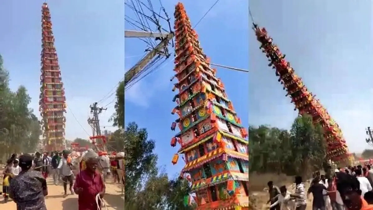 لحظه هولناک سقوط ارابه معبد ۳۰ متری روی جمعیت/ ویدئو