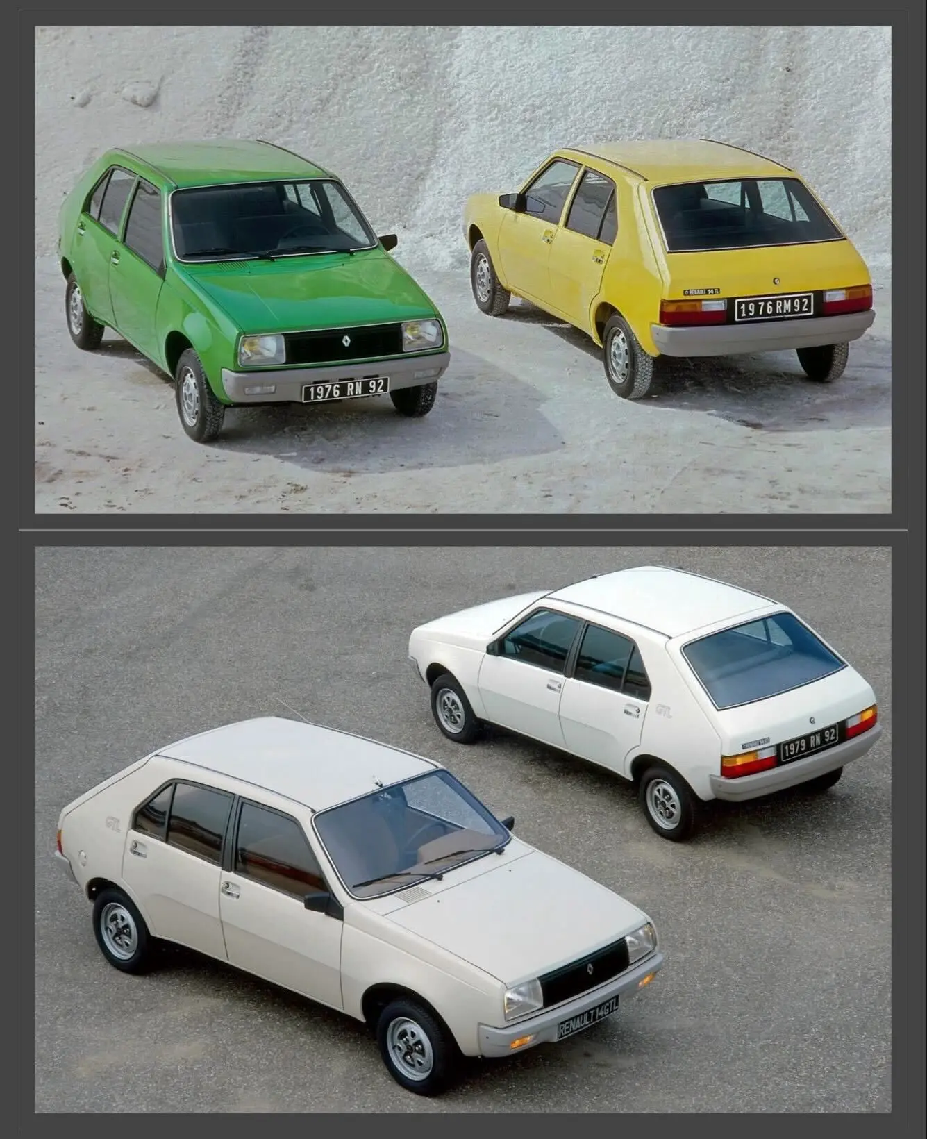 تصویر خودروی هاچ‌بک کلاسیک رنو ۱۴ (Renault 14) با بدنه گرد و طراحی مدرن دهه ۱۹۷۰، که در حال رانندگی یا در فضای باز پارک شده است، و خبر مربوط به زنگ‌زدگی و توقف تولید زودهنگام آن را منعکس می‌کند.