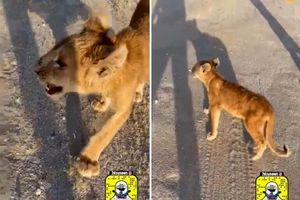 پرسه زدن هولناک یک بچه شیر در خیابان/ ویدئو