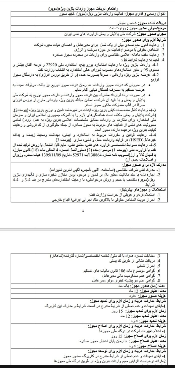 شرکتهای مجاز واردات بنزین سوپر اعلام شد / عرضه بنزین سوپر تنها از طریق بورس انرژی امکانپذیر است