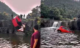 سقوط وحشتناک یک خودرو داخل آبشار /ویدئو