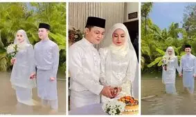 عروس و دامادی که در سیل به هم رسیدند/ ویدئو