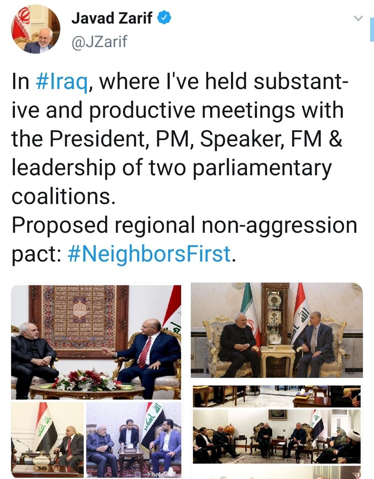 توییت ظریف در رابطه با رایزنی هایش در بغداد