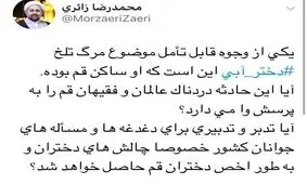 توييت متفاوت حجت الاسلام زائري درباره مرگ دختر آبی؛ او ساکن قم بود