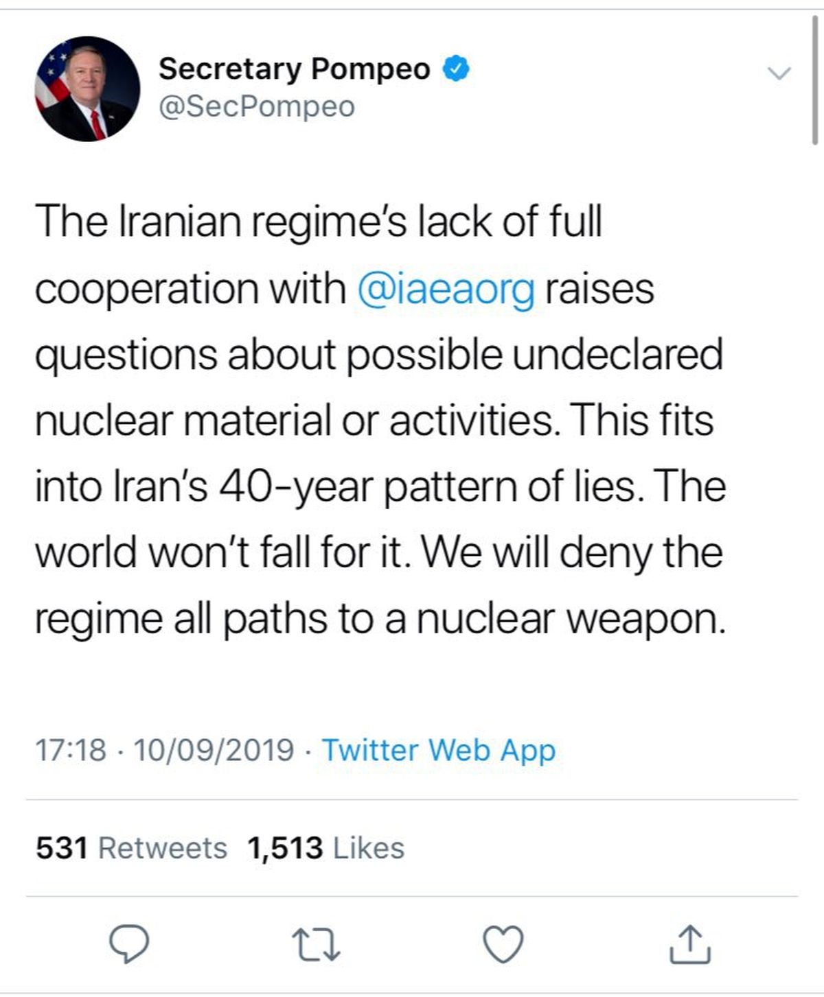 پامپئو ایران را به مخفی‌کاری هسته‌ای متهم کرد