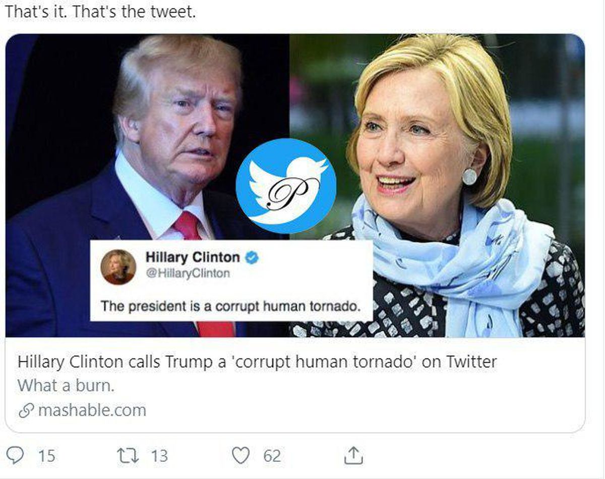 هیلاری کلینتون در توئیتی کوتاه نوشت:" ترامپ گردباد فساد انسانی است."