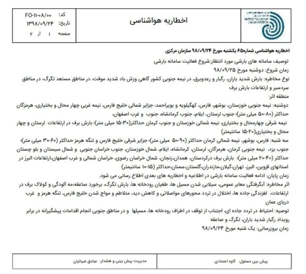 هشدار هواشناسی درباره سیلابی شدن مسیل ها
