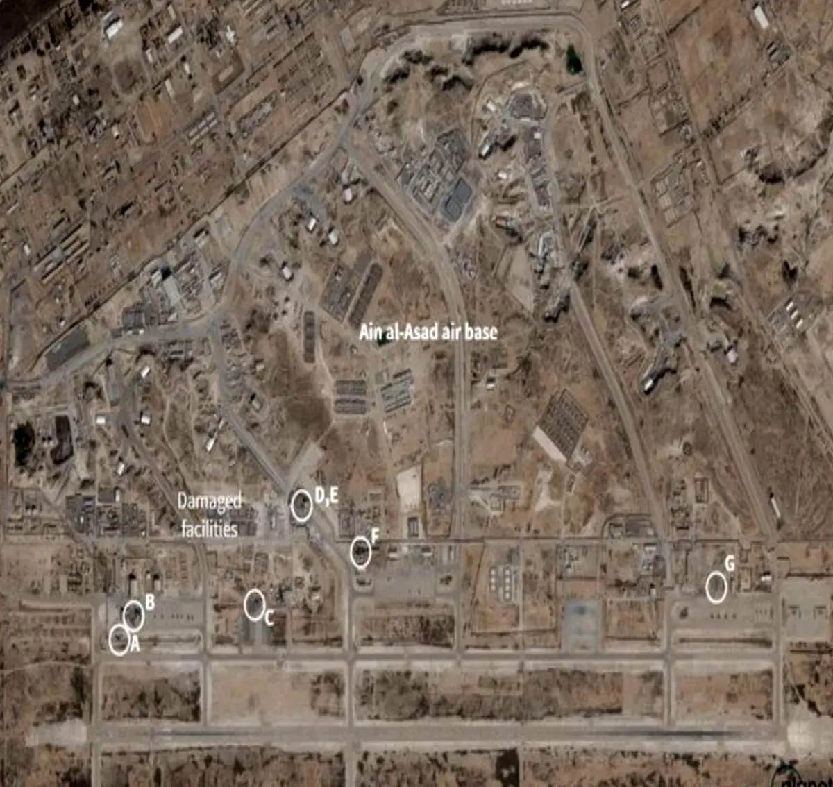 تصاویر ماهواره‌ای از حمله موشکی سپاه به پایگاه عین‌الاسد / ۷ نقطه هدف گرفته شد
