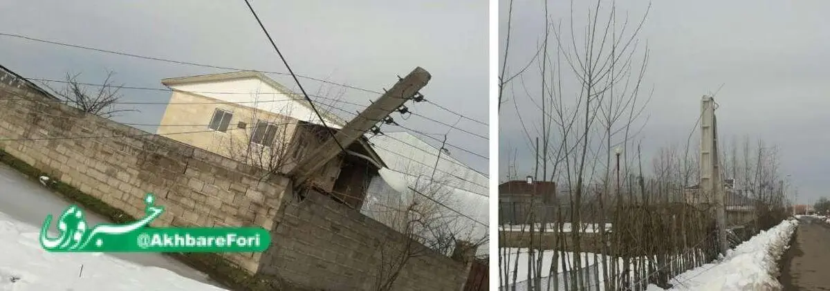 کج شدن تیرهای چراغ برق در روستای صوفیانده صومعه سرا بر اثر شدت برف