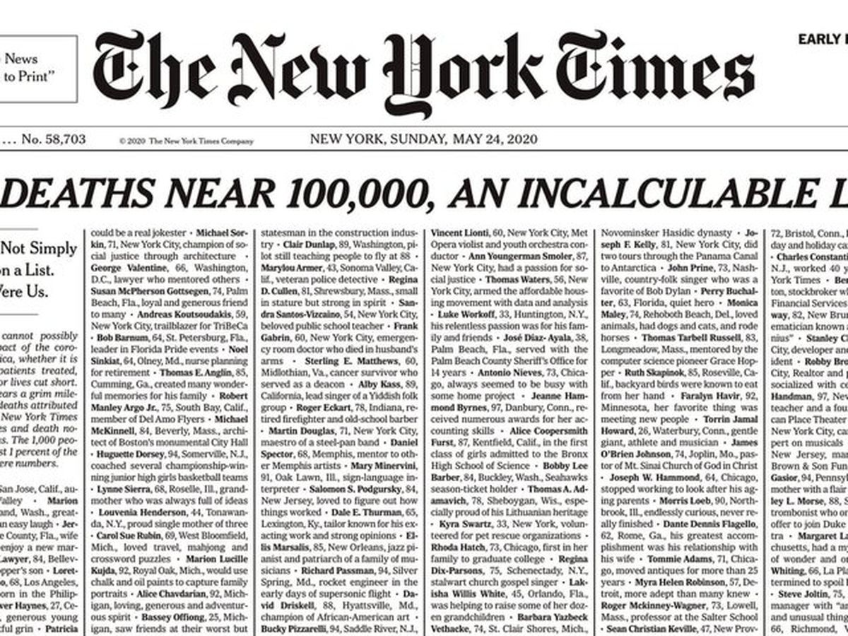 ۱۰۰۰ آگهی مرگ در صفحه نخست نیویورک تایمز