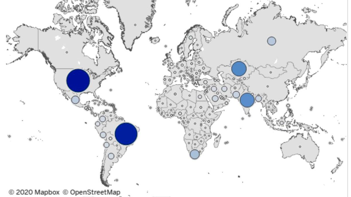 نقشه هارواردکه میزان شیوع کرونا در کشورهای مختلف نشان می‌دهد