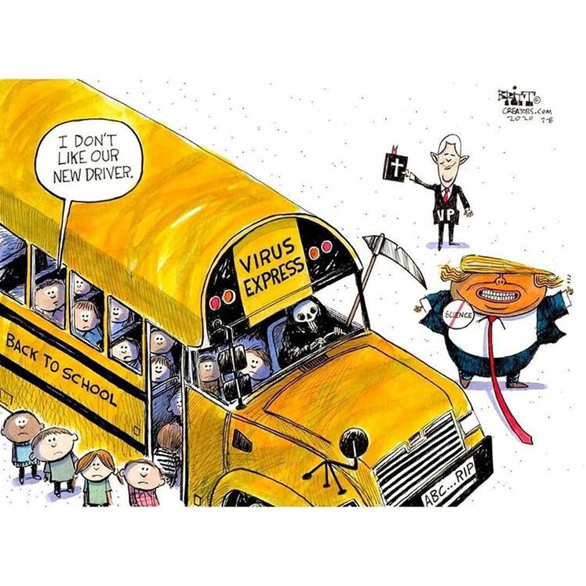 کاریکاتور/ ترامپ از اتوبوس‌های جدید مدارس رونمایی کرد!