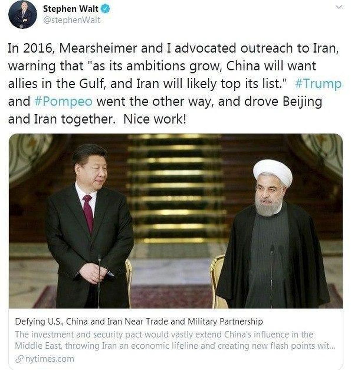 استاد دانشگاه هاروارد: ترامپ و پامپئو چین و ایران را کنار هم قرار دادند