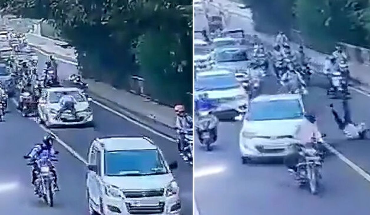 لحظه سقوط پلیس از روی کاپوت خودرو در اتوبان/ ویدئو