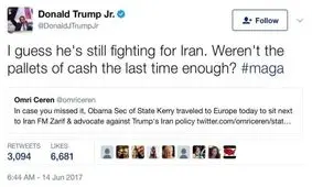 اتهام پسر ترامپ به کری: هنوز برای ایران می‌جنگد، جعبه‌های پول دفعه پیش کافی نبود؟