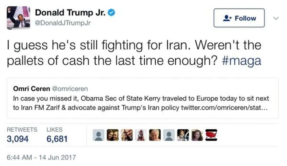 اتهام پسر ترامپ به کری: هنوز برای ایران می‌جنگد، جعبه‌های پول دفعه پیش کافی نبود؟