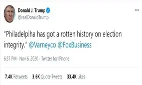 ترامپ: فیلادلفیا (در پنسیلوانیا) سابقه فاسدی در مورد سلامت انتخابات دارد