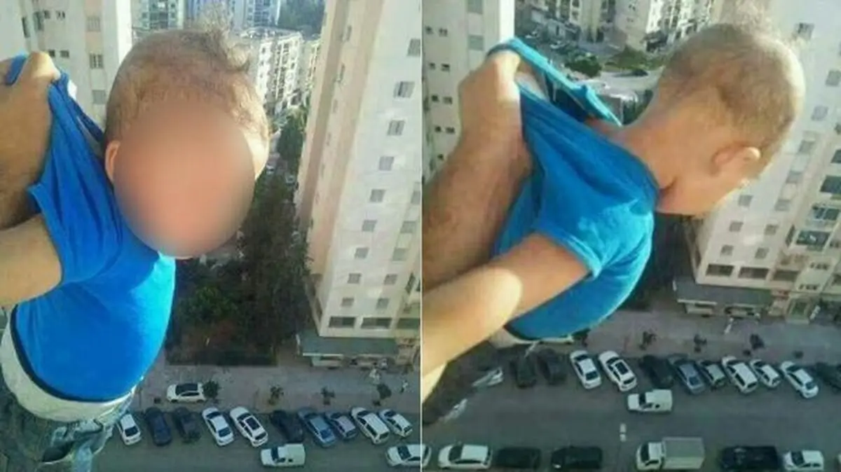 مردی فرزندش را از پنجره یک برج آویزان کرد تا چند لایک بیشتر بگیرد