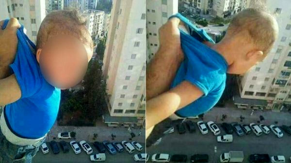 مردی فرزندش را از پنجره یک برج آویزان کرد تا چند لایک بیشتر بگیرد