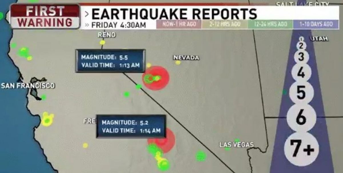وقوع زمین‌لرزه در نوادا و کالیفرنیا به فاصله ۳۰ ثانیه از یکدیگر