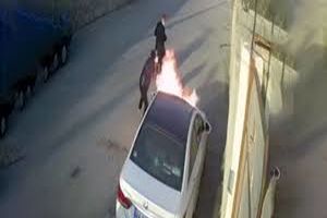 آتش زدن خودروی لاکچری در بوشهر توسط ۲ موتورسوار/ ویدئو