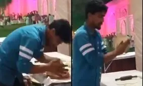 اقدام مشمئزکننده مرد قناد روی شیرینی عروسی!/ ویدئو