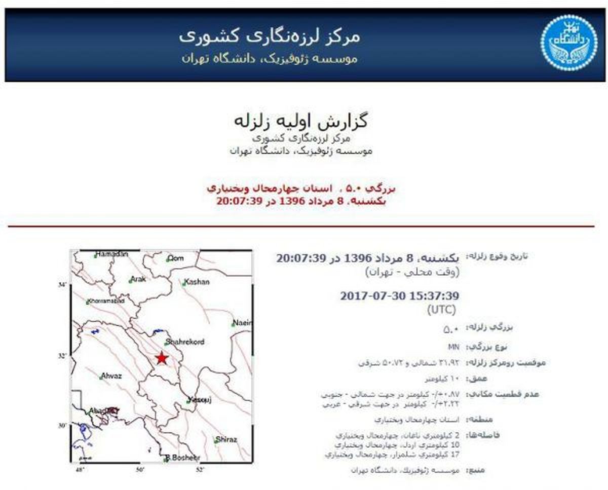 زلزله ۵ ریشتری استان چهارمحال بختیاری را لرزاند / ۴ مصدوم در زلزله «ناغان»