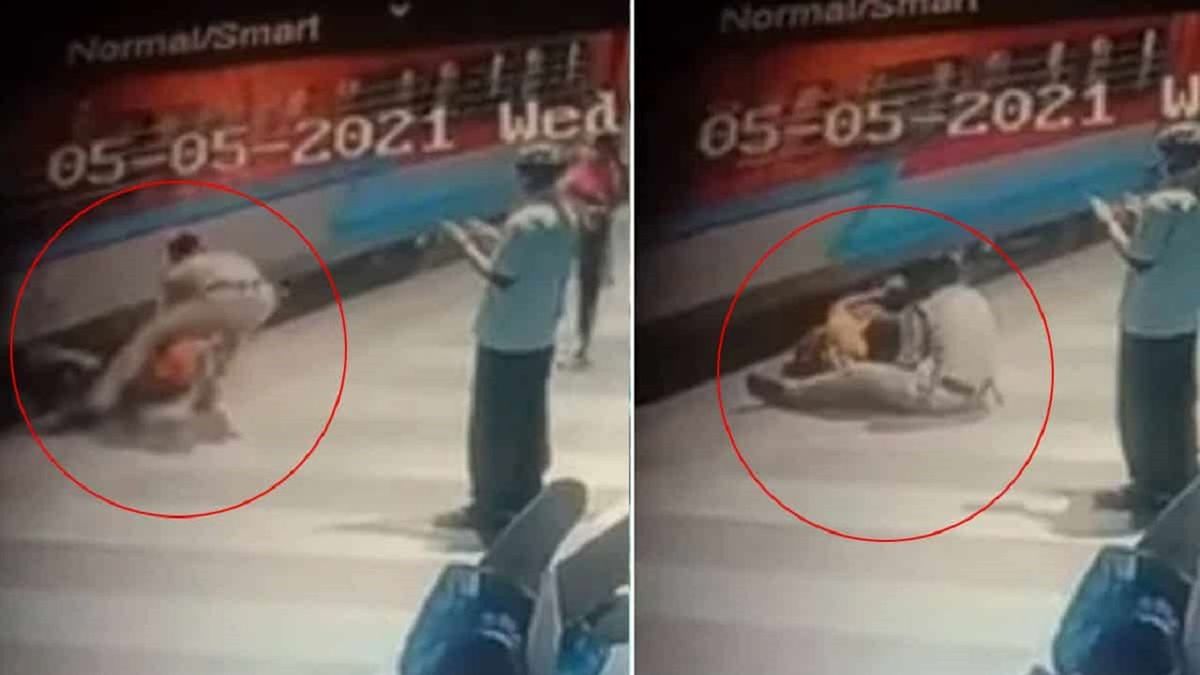 نجات نفسگیر زن مسافر توسط مامور قطار/ ویدئو