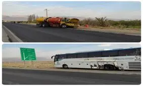 برخورد تانکر سوخت و اتوبوس حامل کارگران در راور ۹ مصدوم بر جای گذاشت