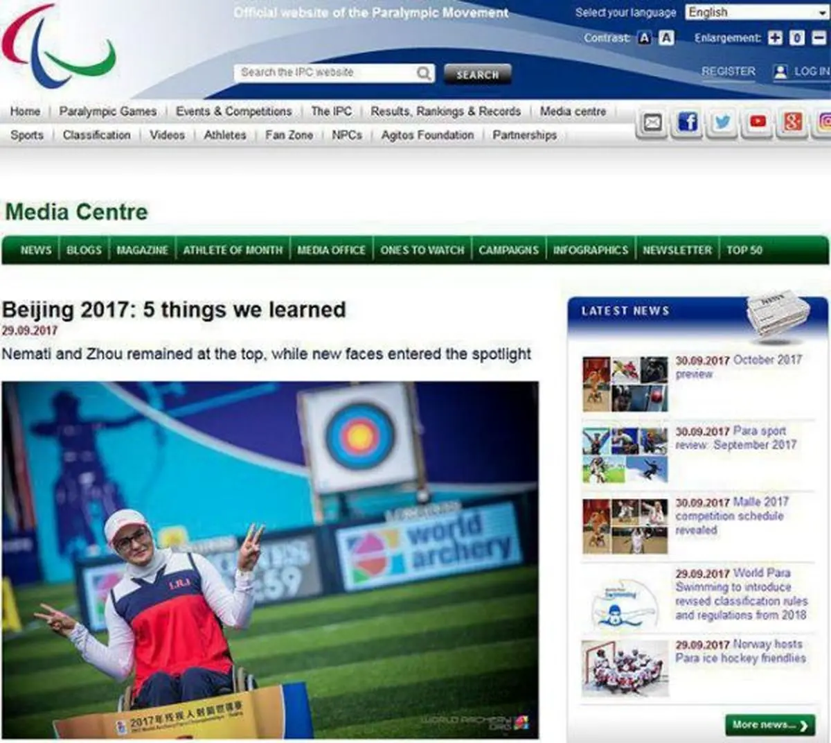 تمجید سایت کمیته پارالمپیک از زهرا نعمتی