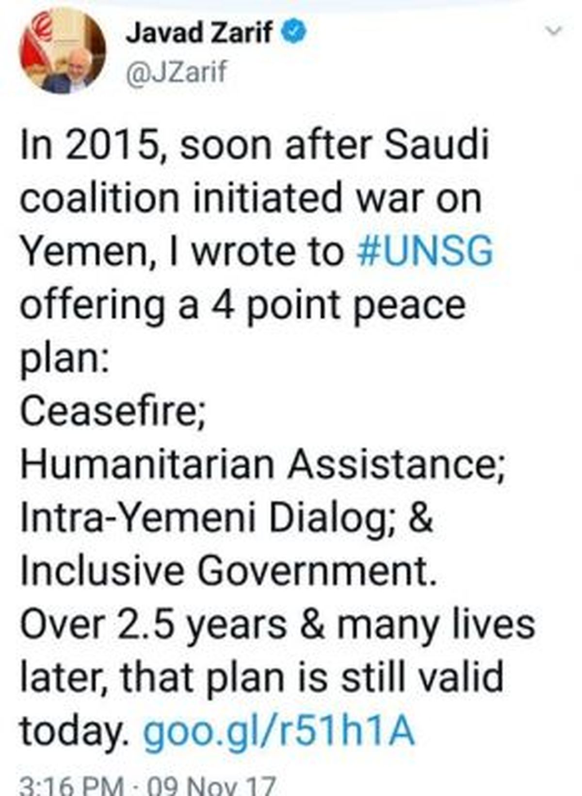 ظریف: طرح صلح ایران برای حل بحران یمن، هنوز معتبر است
