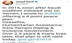 ظریف: طرح صلح ایران برای حل بحران یمن، هنوز معتبر است