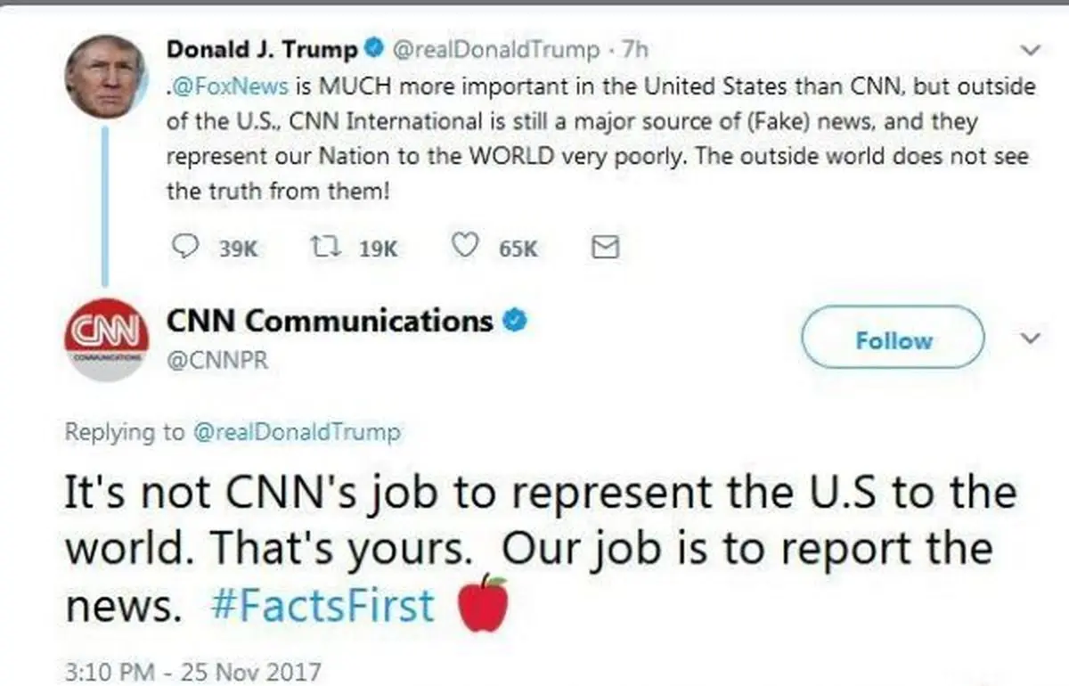 پاسخ سی‌ان‌ان به ترامپ: وظیفه شماست که آمریکا را معرفی کنید نه ما/ وظیفه ما گزارش اخبار است