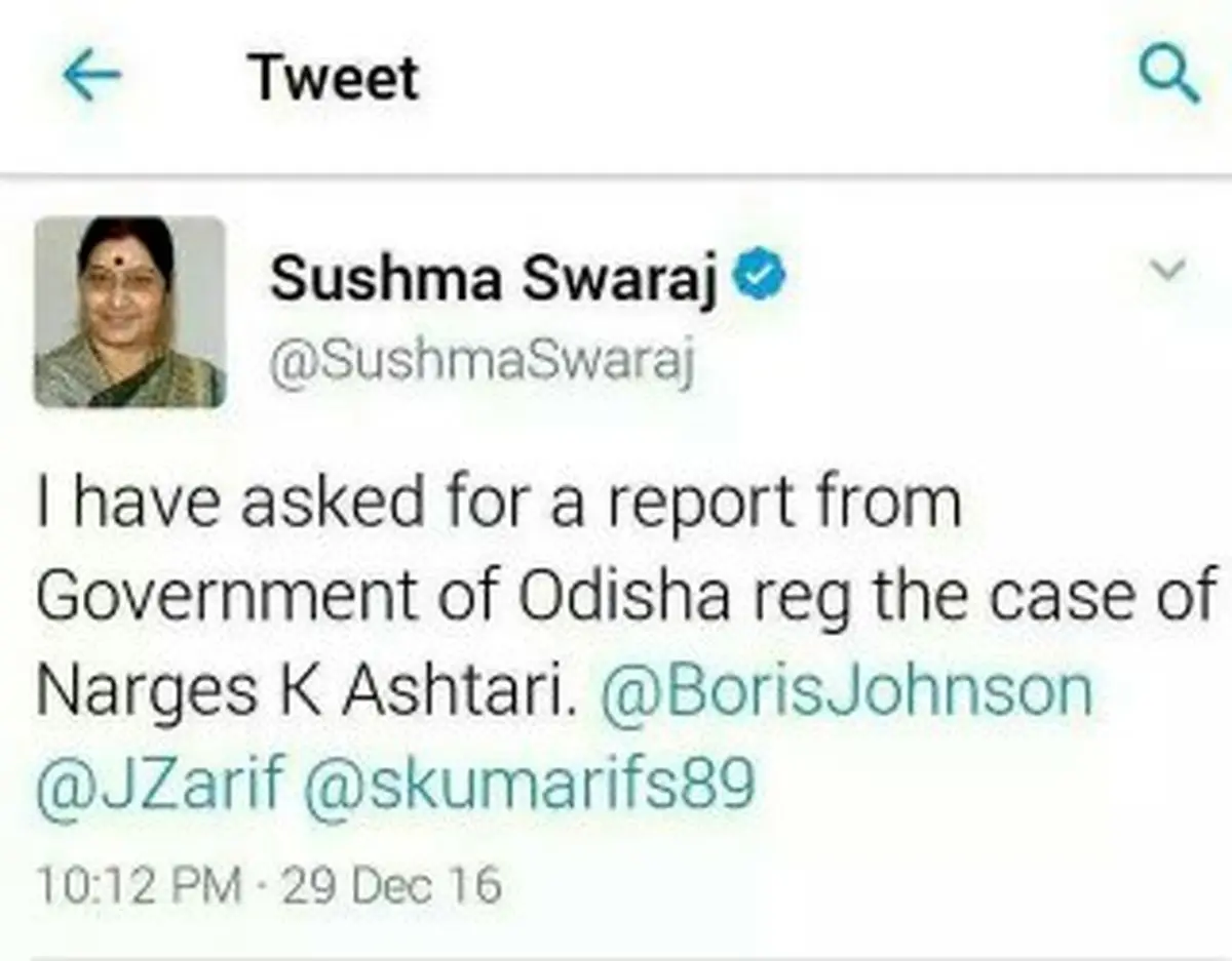 بررسی پرونده نرگس کلباسی توسط وزیر امور خارجه هند