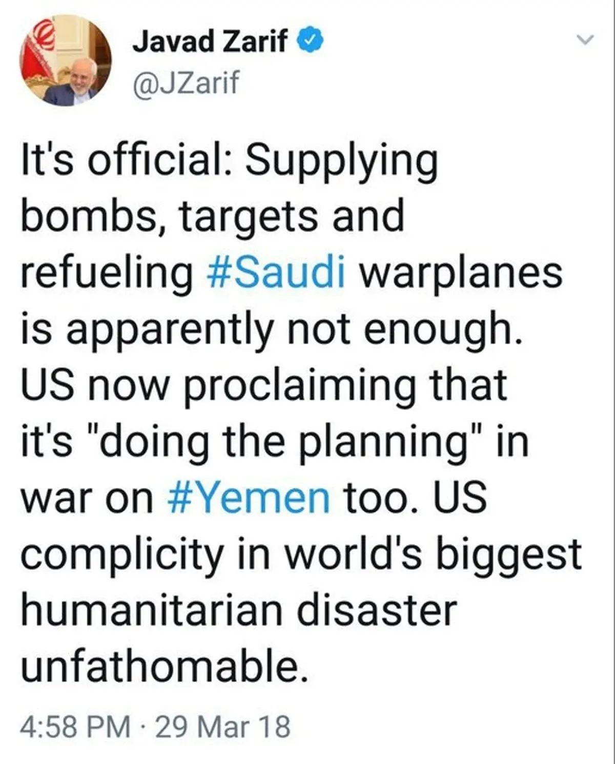 روایت توئیتری ظریف از مشارکت همه جانبه ایالات متحده در بزرگترین فاجعه انسانی جهان