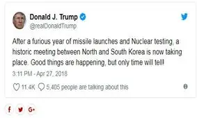 پیام توئیتری ترامپ درباره توافق دو کره