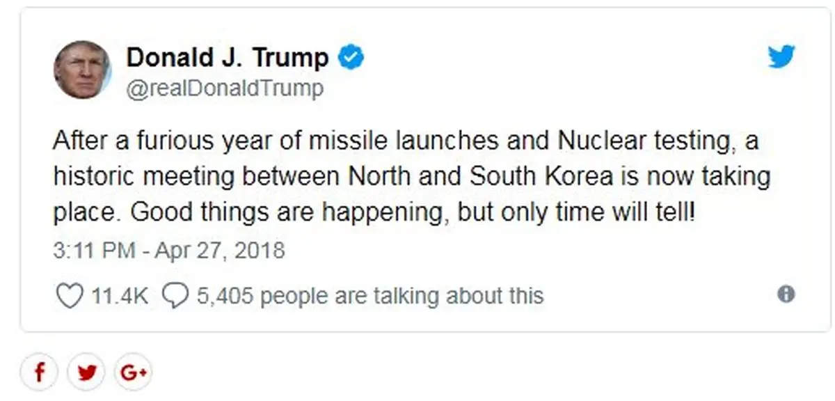 پیام توئیتری ترامپ درباره توافق دو کره