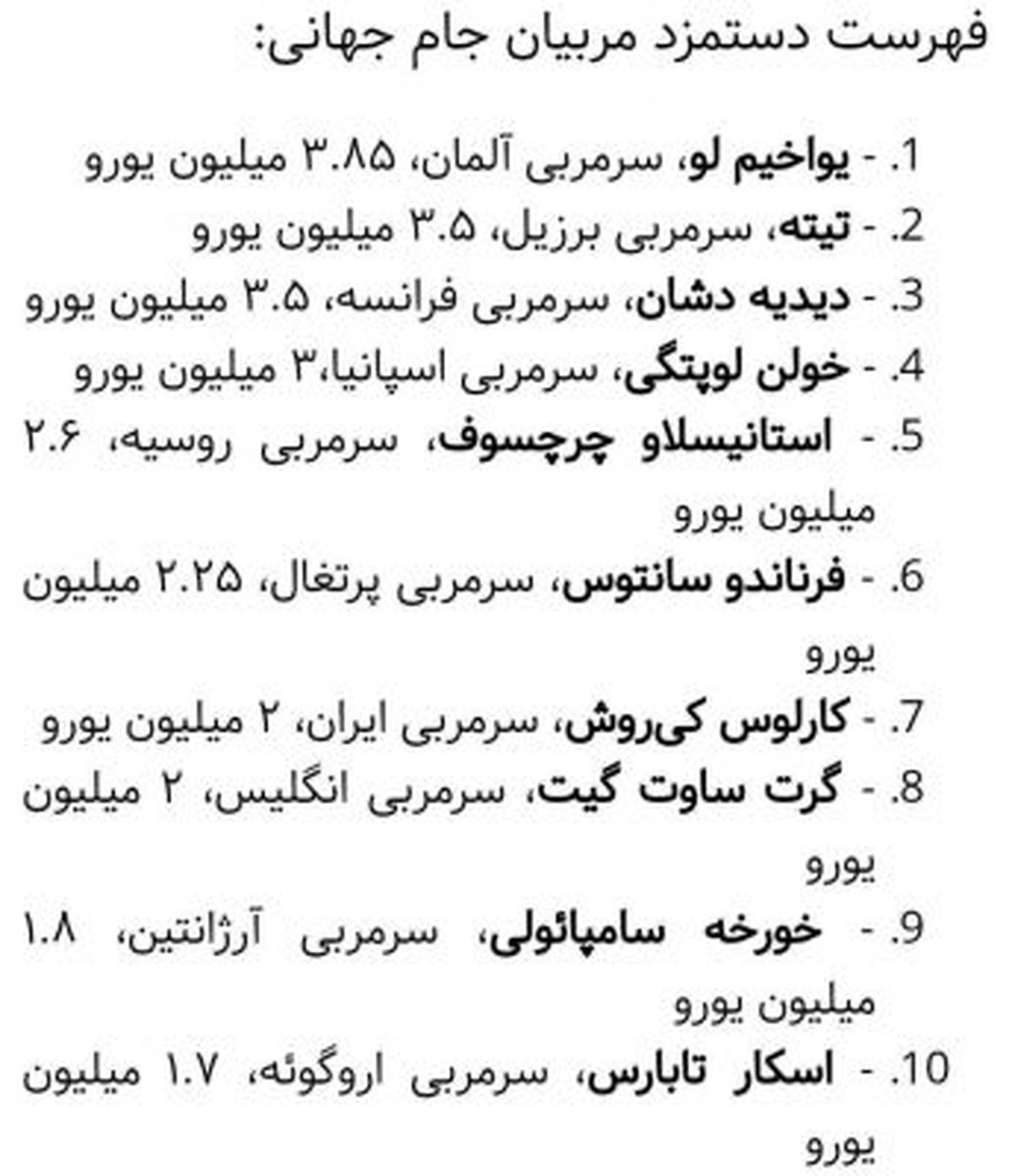 فهرست دستمزد مربیان جام جهانی+عکس