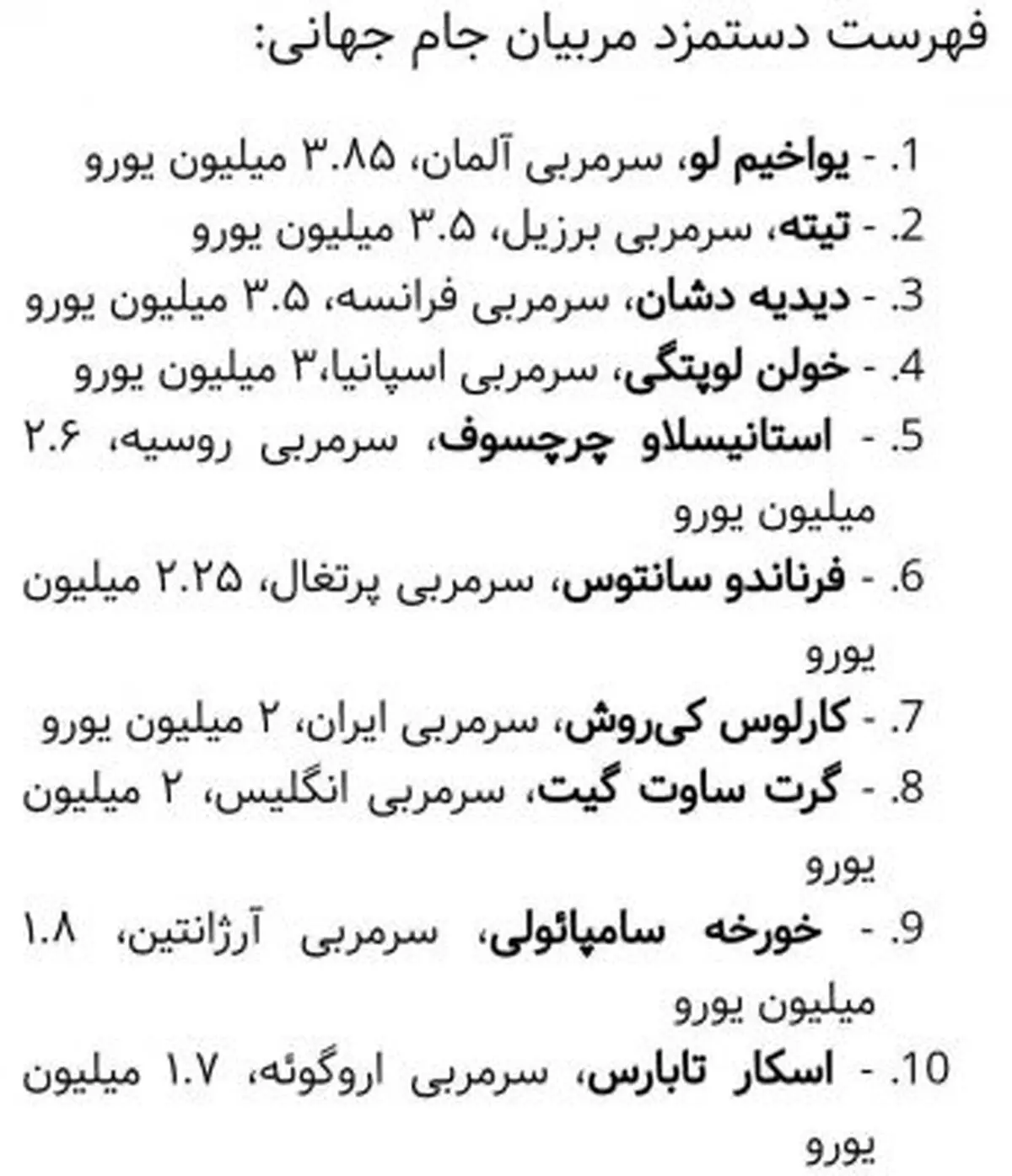 فهرست دستمزد مربیان جام جهانی+عکس