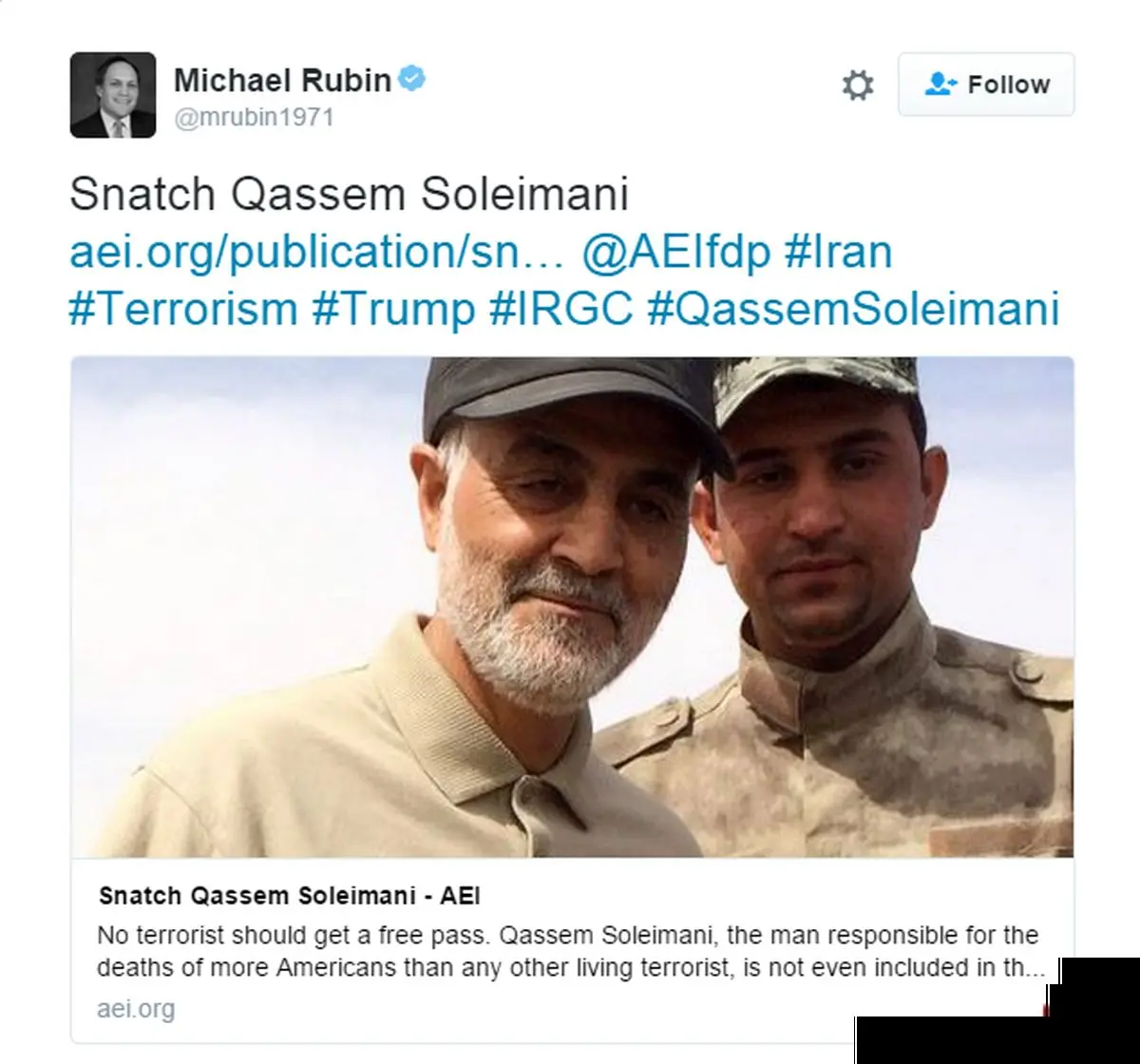 پیشنهاد "شوم" کارشناس آمریکایی به کاخ سفید درباره سردار سلیمانی