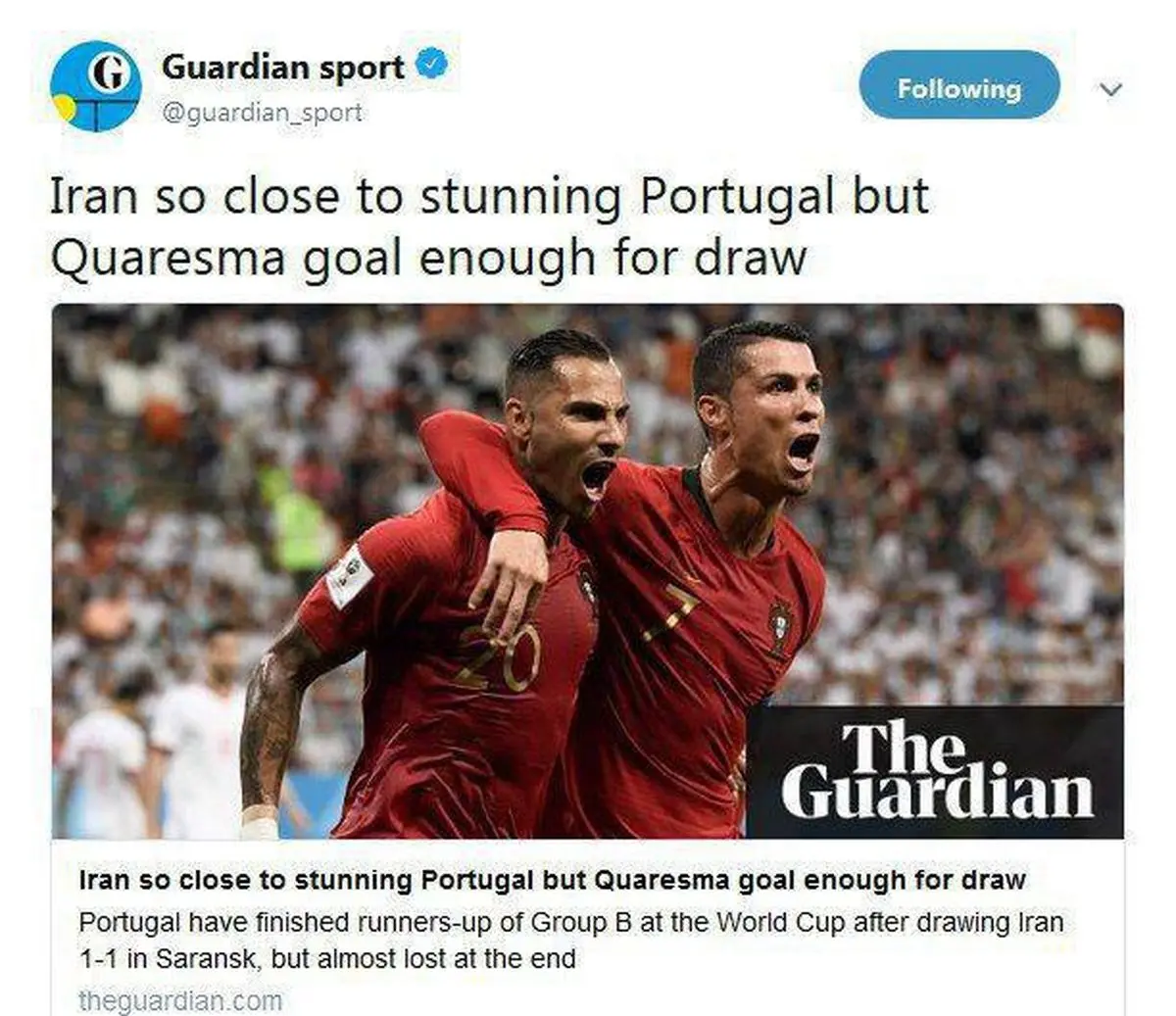 گاردین: ايران به متحير کردن پرتغال نزديک شده بود اما گل کوارشما برای تساوی کافی بود