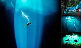 تصویری دیدنی از تلفیق تابش نور خورشید درون یک غار آبی