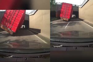 فرار به موقع یک خودرو از له شدن زیر کامیون/ ویدئو