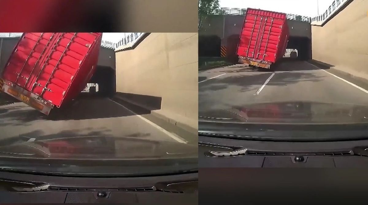فرار به موقع یک خودرو از له شدن زیر کامیون/ ویدئو